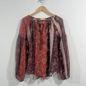 Lovestitch Patchwork Paisley Floral Peasant Blouse Womens Medium Boho Hippie 70s